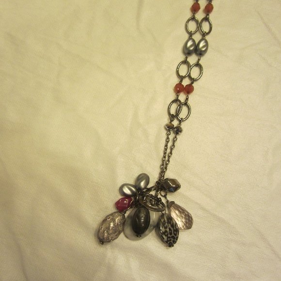 VTG 90'S SILVERTONE NECKLACE SIGNED NY, W/MULTI STONE & BEAD PENDANT - Picture 1 of 3
